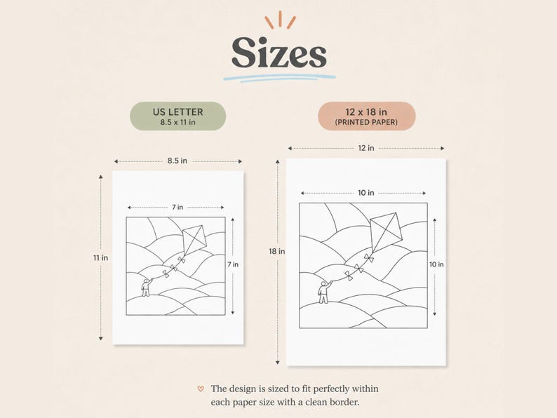 May include: Two white paper prints with black line art of a kite flying over rolling hills. The prints are labeled "US LETTER" at 8.5 x 11 inches and "12 x 18 in (PRINTED PAPER)". The image includes the word "Sizes".