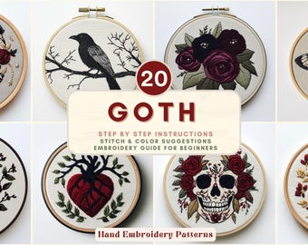 Goth Hand Embroidery Pattern Bundle Dark Romantic Gothic Designs Skull Raven Rose Candle PDF Stitch Guide Dark Embroidery For Beginner DIY