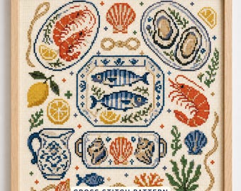 Seafood Cross stitch pattern Oyster embroidery pattern coastal oyster stitch design trendy ocean art gift for stitcher Counted XStitch