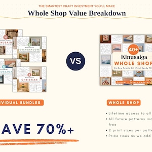 May include: An infographic comparing individual Kinuasaiga bundles to a whole shop option. The image shows a breakdown with text that reads "Whole Shop Value Breakdown" and "Save 70%+". The whole shop option includes 40+ no-sew fabric art patterns.