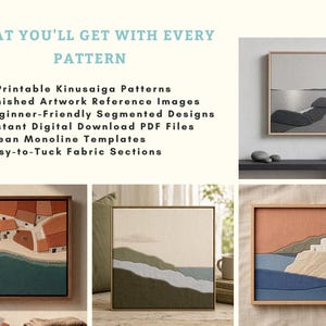 May include: The image showcases framed Kinusaiga patterns, featuring coastal and architectural scenes. The text reads "WHAT YOU'LL GET WITH EVERY PATTERN" and lists the included items: patterns, reference images, segmented designs, PDF files, templates, and fabric sections.