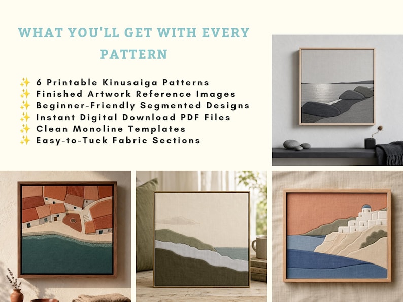 May include: The image showcases framed Kinusaiga patterns, featuring coastal and architectural scenes. The text reads "WHAT YOU'LL GET WITH EVERY PATTERN" and lists the included items: patterns, reference images, segmented designs, PDF files, templates, and fabric sections.