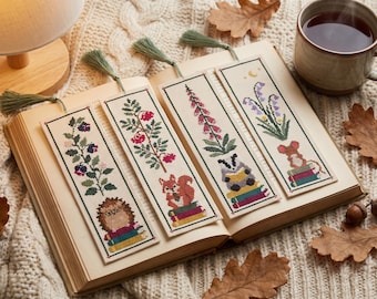 Bookmark Cross Stitch Pattern PDF Woodland Animal Bookmarks Cottagecore Hedgehog Squirrel Badger Mouse Easy Beginner Chart Book Lover Gift