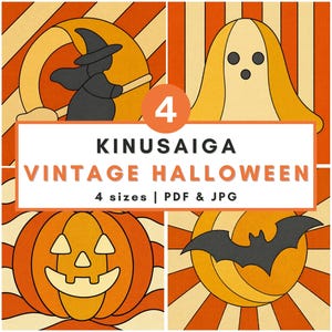 May include: A digital graphic featuring four Halloween-themed illustrations in orange and cream tones, including a witch, a ghost, a jack-o'-lantern, and a bat. The central text reads 4 KINUSAIGA VINTAGE HALLOWEEN 4 sizes | PDF & JPG.