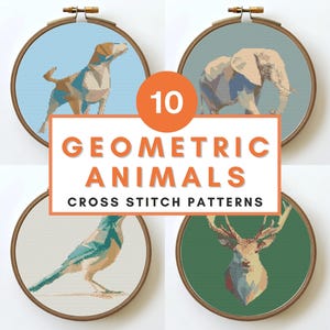 Puede incluir: Una colección de diez patrones de punto de cruz de animales geométricos exhibidos en aros de bordado de madera. Los diseños incluyen un perro, un elefante, un pájaro y un ciervo, cada uno renderizado en un estilo pixelado con varios colores. También se ve el texto "10 Geometric Animals Cross Stitch Patterns".