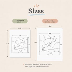 May include: Two white paper prints with kite illustrations. The US Letter print is 8.5 x 11 inches, and the 12 x 18 inch print is for printed paper. The design fits perfectly within each paper size with a clean border.