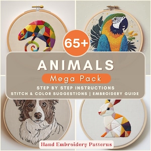 Puede incluir: Patrones de bordado a mano con animales como un camaleón, un loro, un perro y un conejo. La imagen incluye el texto "ANIMALS Mega Pack" con instrucciones y sugerencias de color. Cada diseño está en un bastidor de madera.