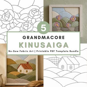 Peut inclure: Plusieurs œuvres d'art en tissu encadrées, présentant des paysages et des motifs floraux. L'œuvre utilise une technique sans couture. Le texte sur l'image indique "GRANDMACORE KINUSAIGA" et "No-Sew Fabric Art | Printable PDF Template Bundle".
