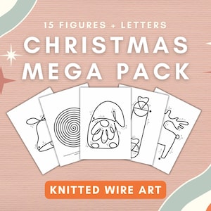 May include: A set of 15 printable Christmas-themed dot-to-dot activity sheets for kids. The sheets feature a variety of Christmas figures and letters, including a bell, a spiral, a gnome, a candy cane, and a reindeer. The text "15 FIGURES + LETTERS CHRISTMAS MEGA PACK" is at the top of the image. The text "KNITTED WIRE ART" is at the bottom of the image.