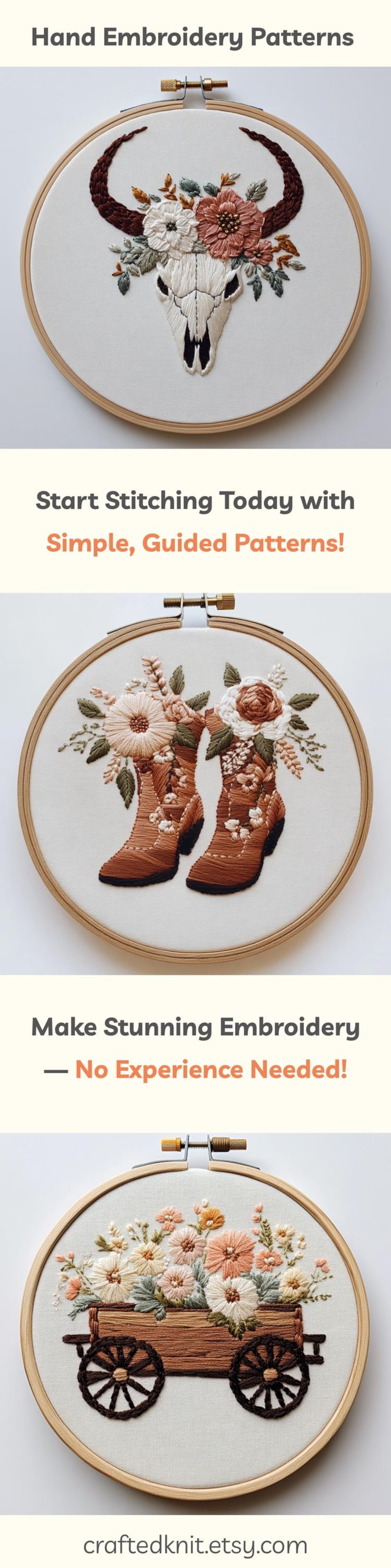 Beginner Western Pattern Wild West Hand Embroidery Pattern Bundle Western Floral Cowgirl ...