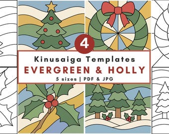 Kinusaiga Pattern Bundle Evergreen Holly Kit Beginner Template Printable Kinusaiga Patterns Art Kit Gift Idea Designs Pine Wreath Christmas