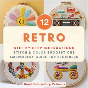 Retro Embroidery Pattern Bundle Nostalgia Embroidery for Beginners 70s Style Stitch Guide Step by Step Peace Sign Roller Skate Vintage PDF