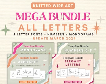 May include: A digital download for knitted wire art featuring two letter fonts, numbers, and monograms. The image shows a preview of the designs, including the alphabet, numbers 0-9, and a few monograms. The text "MEGA BUNDLE ALL LETTERS" is displayed in a pink and green color scheme.