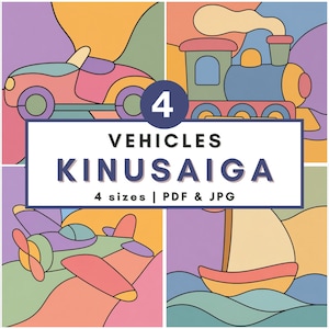 May include: A digital collection of 4 vehicles featuring a car, train, airplane, and sailboat in a stained-glass style with muted colors. The central text reads 4 VEHICLES KINUSAIGA 4 sizes | PDF & JPG, surrounded by black and white line art patterns.