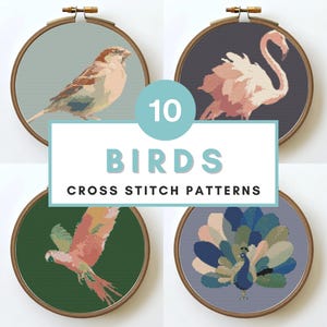 Könnte beinhalten: Eine Sammlung von zehn Kreuzstichmustern mit verschiedenen Vögeln, die jeweils in einem hölzernen Stickrahmen dargestellt werden. Die Designs umfassen einen Spatz, einen Flamingo, einen Papagei und einen Pfau. Der Text lautet "10 Birds Cross Stitch Patterns".