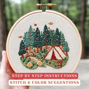 Forest Camping Embroidery Pattern for Beginners Step by Step Instructions Pattern Adventure Embroidery Stitch Guide Nature Stitch Art PDF