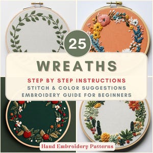 May include: An image showcasing various embroidered wreaths in wooden hoops. The image includes text that reads "25 WREATHS" and "Embroidery Guide for Beginners". The wreaths feature floral and botanical designs with a variety of colors.