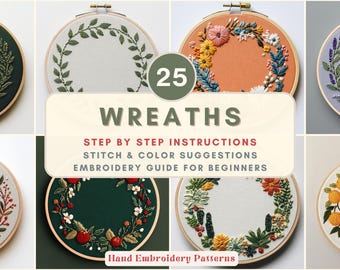 Wreath Embroidery Pattern Bundle for Beginners  Seasonal Floral Designs DIY Modern Hand Embroidery PDF Template Wreath Pattern Botanical PDF