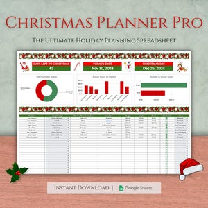 La feuille de calcul idéale pour l'organisation de Noël - Budget des fêtes, carnet d'achats de cadeaux, suivi des bas et des cartes de Noël, calendrier - Google Sheets