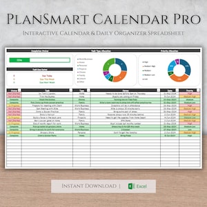 Puede incluir: Una hoja de cálculo verde y blanca con el título "PLANSMART CALENDAR PRO" y el subtítulo "INTERACTIVE CALENDAR & DAILY ORGANIZER SPREADSHEET". La hoja de cálculo incluye una barra de progreso, gráficos circulares y una tabla con columnas para tarea, tipo, notas, fecha y prioridad.
