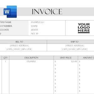 May include: A blank invoice template with the words "INVOICE" at the top. The template includes fields for company name, invoice number, invoice date, terms, bill to, ship to, date, quantity, description, unit price, and amount due. The template also includes a space for a logo.
