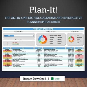 Planera! Digital kalender och interaktivt dagligt kalkylblad, Microsoft Excel-mall, instrumentpanel och organisationsspårare