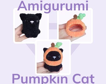 May include: Amigurumi crochet pattern for a black cat wearing an orange pumpkin hat. The pattern includes instructions for both the cat and the hat. NO-SEW.
