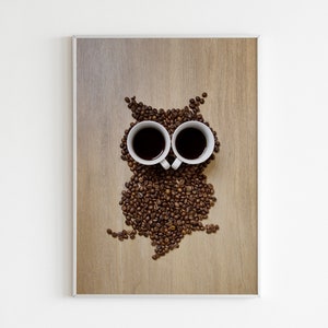 Printable Coffee Wall Art Coffee Beans Owl Print Coffee Shop Poster Coffee Lover Gift Idea Kitchen Wall Decor Owl Graphic Coffee Addict Gift