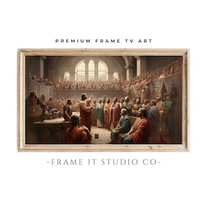 Puede incluir: Una pintura que representa una escena de la Biblia, mostrando a Jesús hablando a una multitud de personas en una gran sala. La pintura está realizada en un estilo realista y presenta colores cálidos.