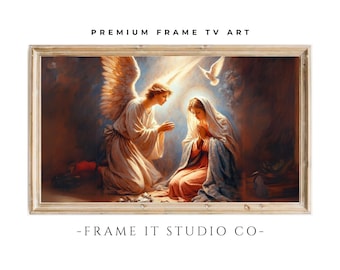 May include: A painting depicting the Annunciation, showing the angel Gabriel appearing to the Virgin Mary. The angel is kneeling with wings outstretched, while Mary is kneeling in prayer. The scene is set in a cave with a soft, golden light emanating from above.
