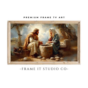 以下が含まれることがあります： 井戸のそばで話す男性と女性の絵。男性は白いローブを着ており、女性は青いローブを着ています。絵は木々と曇り空のある風景の中に描かれています。