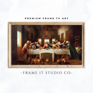 Puede incluir: Una pintura que representa La Última Cena, una escena bíblica famosa. La pintura presenta a Jesucristo y sus discípulos reunidos alrededor de una mesa, con una representación detallada de la habitación y la disposición de la mesa.