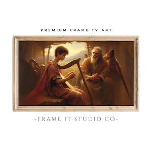 Arte de TV MARCO, David tocando el arpa para el rey Saúl, Arte de Jesucristo, Fondo de pantalla de TV con marco de primavera, Marco de Cristo para TV, Arte cristiano de Marco de TV