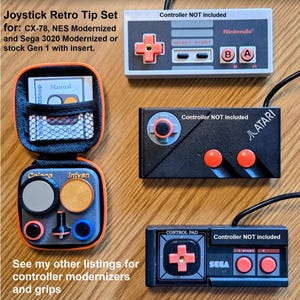 May include: A retro joystick tip set with various controller designs. Includes a case with replacement tips and a manual. The set is compatible with CX-78, NES Modernized, and Sega 3020 Modernized controllers. The image also shows three different controller designs.