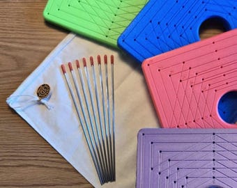 Personalized quality plastic Granny Square Blocking Board - 3 to 8 inch Squares and Hexies. Includes 8 long dowels & drawstring pouch.