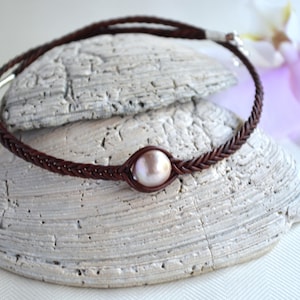 Edison LARGE Pearl Necklace/Braided Leather Necklace/Freshwater Pearl Jewelry/Light Mauve Edison Pearl Jewelry/Women&#39;s Necklace/Gift For Her