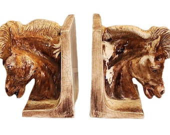 Vintage 1970s Signed Ceramic Glazed Horsehead Bookends