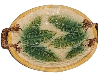 Antique Majolica Banana Leaf Basket Handled Ceramic 12.5"X9" Tray Platter