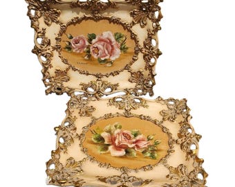 Vtg Pair Hand-Painted Floral Wall Plaques Signed E. Aldridge Hollywood Regency