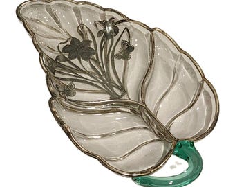 Vintage 12" Glass Leaf Dish Silver Floral Overlay/Trim Green Stem