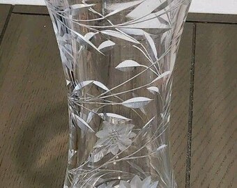 Vintage 12" Hand Cut Crystal Vase Etched Floral Flowers Scalloped Rim