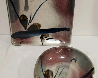 Vintage John Freimarck Studio Pottery Signed 10" Square Plate & Matching 8" Bowl