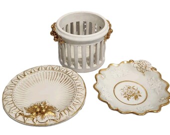 Vintage Cream and Gold Italian Glazed Dish Set With 3D Grapes & Leaves
