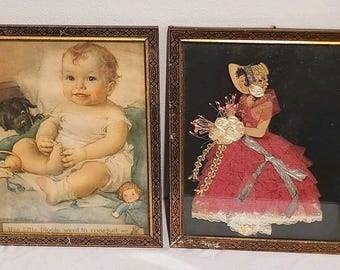 Vintage Ribbon Art Girl & Baby Print Pictures In Matching Vintage Frames