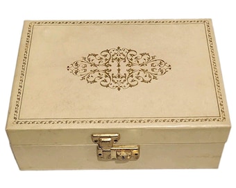 MCM Two-Tier Jewelry Box Cream & Pink Brass Tone Lock and Keys Vintage