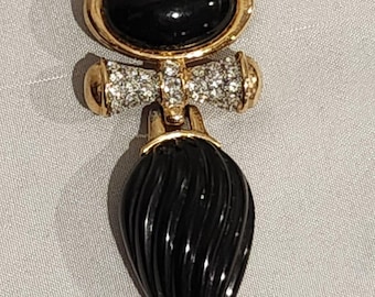 Vintage CRAFT Signed Black Glass Cabochon and Rhinestone 80s Brooch