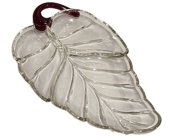 Vintage 12" Glass Leaf Dish Red Stem