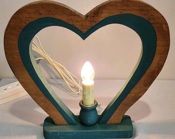 Vintage Wooden Heart Cottagecore 10" Brown and Green Lamp