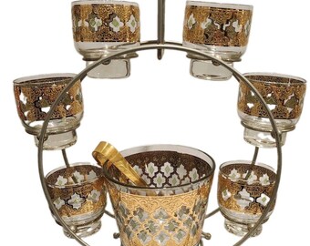 Vintage Culver Valencia 22K Gold 6 Glass Ice Bucket Caddy Set MCM 1960s