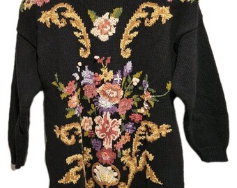 Vintage Jennifer Reed Too Hand Knit Floral Embroidered Sweater Black Size 1X